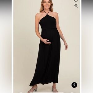 Black Back Cutout Smocked Halter Wide Leg Maternity Jumpsuit L